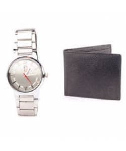 Fidato Leather wallet + men's steel watch silver dial